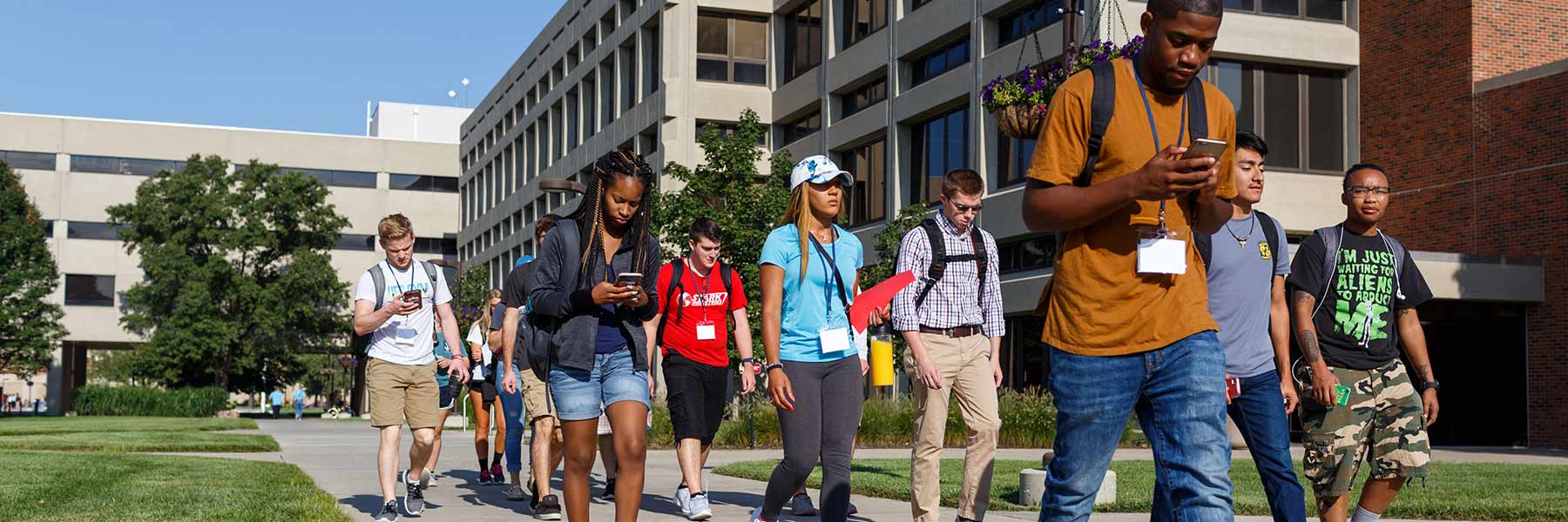 Students check their phones as they walk across campus.